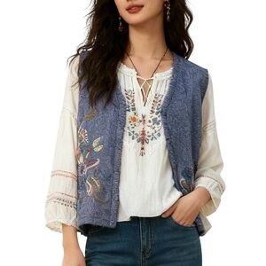 Vintage Star Blue Originals Studio Blue Embroidered Boho Cottagecore Vest Medium